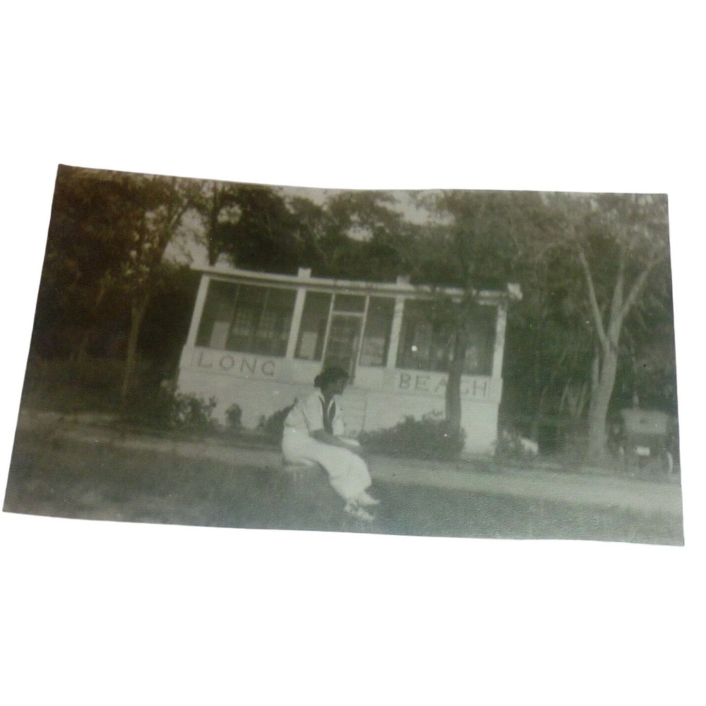 Vintage 1920s Snapshot Photo Long Beach Building Sign Travel Resort Fashion